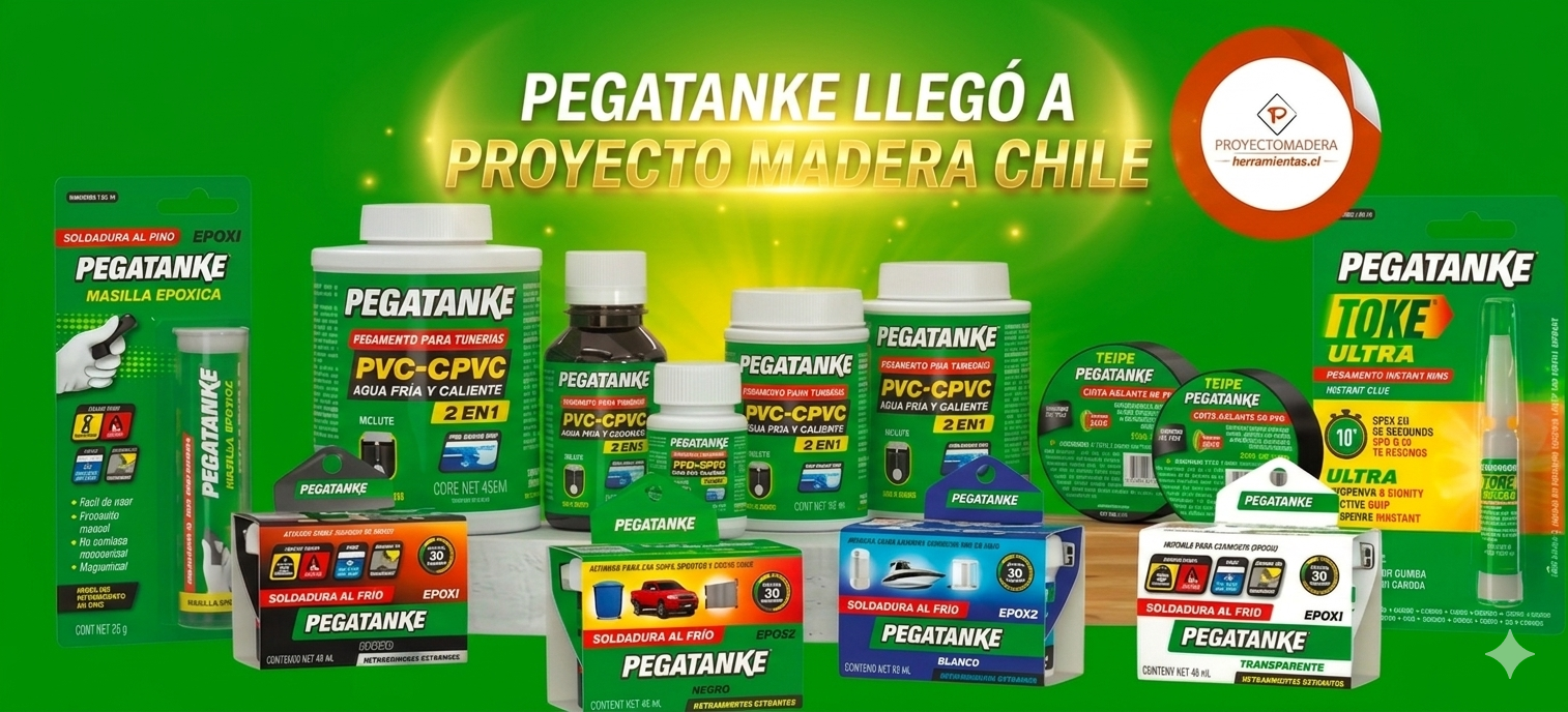 "Banner de productos Pegatanke en Proyecto Madera Chile: adhesivos epóxicos, PVC, Toke Ultra y soldadura al frío para ferreterías profesionales con envío a todo Chile."