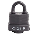 Foto principal de producto del candado Odis Waterproof negro de 49mm sobre fondo blanco. Se aprecia el cuerpo de láminas de acero galvanizado con protección anticorrosiva y el logo de Odis resaltado
