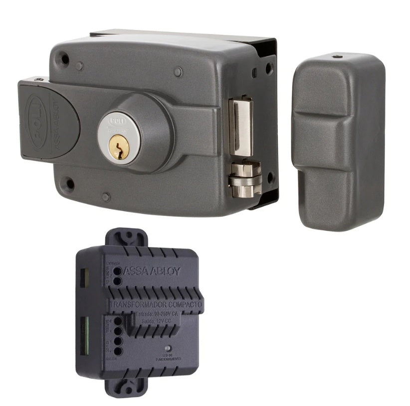 "Cerradura eléctrica de sobreponer Poli 3010 gris con transformador de 12V y cilindro ajustable para rejas y portones."