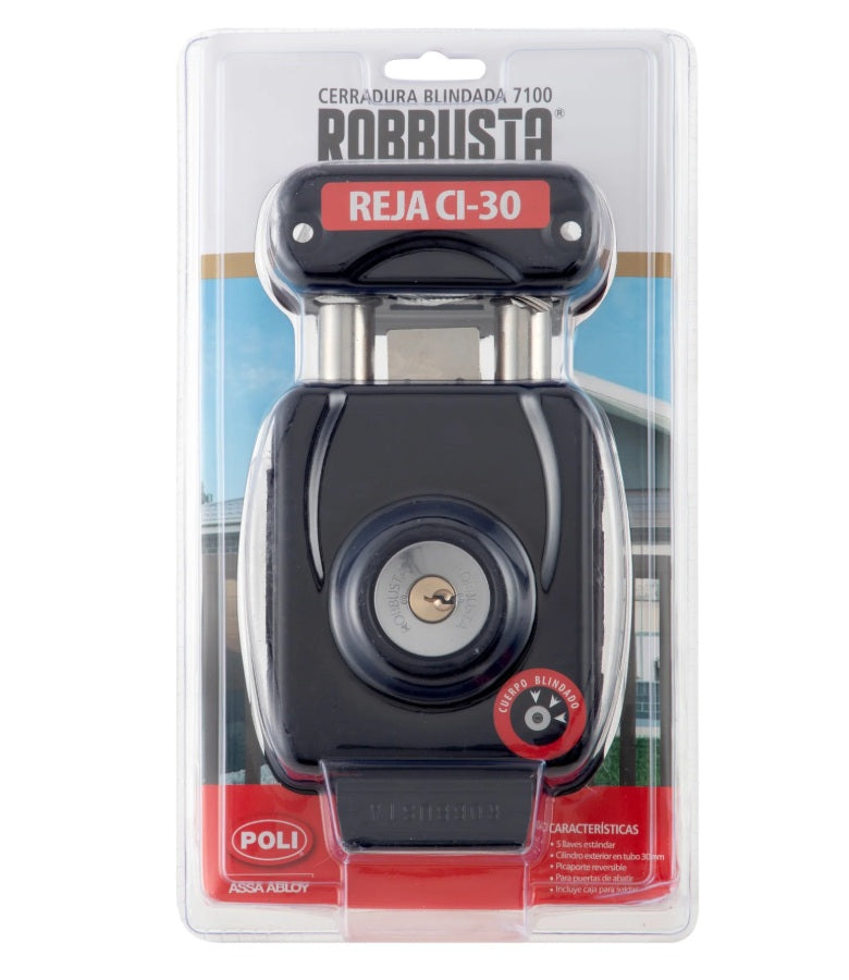 "Empaque blister de Cerradura Poli Robbusta 7100 B60 para reja, mostrando 5 llaves y especificaciones de seguridad".
