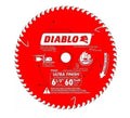Vista frontal completa del disco de corte Diablo Ultra Finish de 6-1/2 pulgadas y 60 dientes de carburo para terminaciones perfectas en madera y melamina.