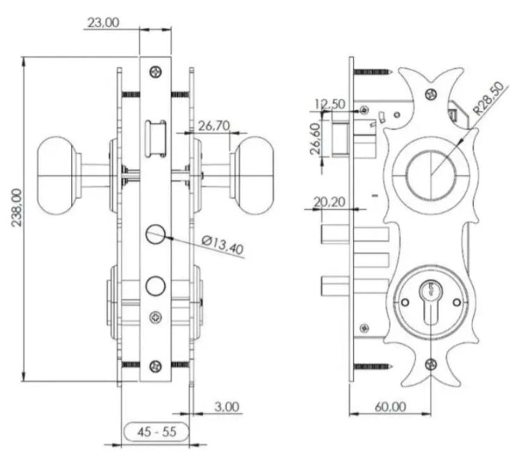 Cerradura Colonial Oister Toltén para Puerta 45–50 mm | Embutir, Acero, Picaporte Reversible