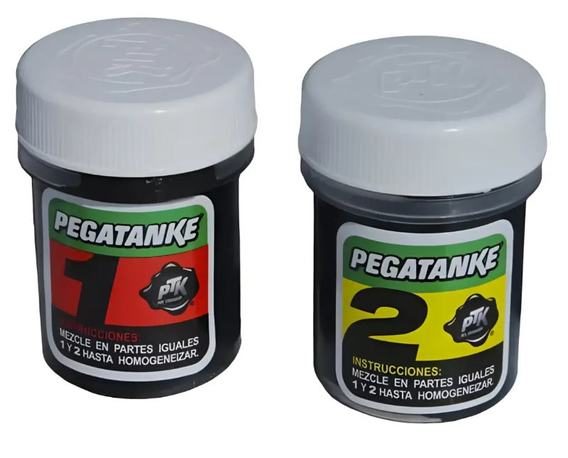 "Detalle de los frascos 1 y 2 de Pegatanke Negro. Adhesivo epóxico bicomponente de mezcla homogénea para soldadura al frío, disponible en Proyecto Madera Chile."
