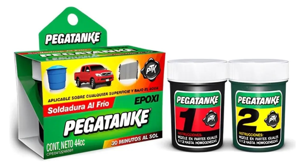 "Kit de Pegatanke Negro de 44cc con envases bicomponente. Soldadura al frío para metal, aluminio, cobre, MDF, cerámica, madera y PVC. Disponible en Proyecto Madera Chile."