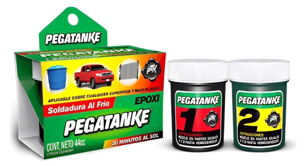 "Kit de Pegatanke Negro de 44cc con envases bicomponente. Soldadura al frío para metal, aluminio, cobre, MDF, cerámica, madera y PVC. Disponible en Proyecto Madera Chile."