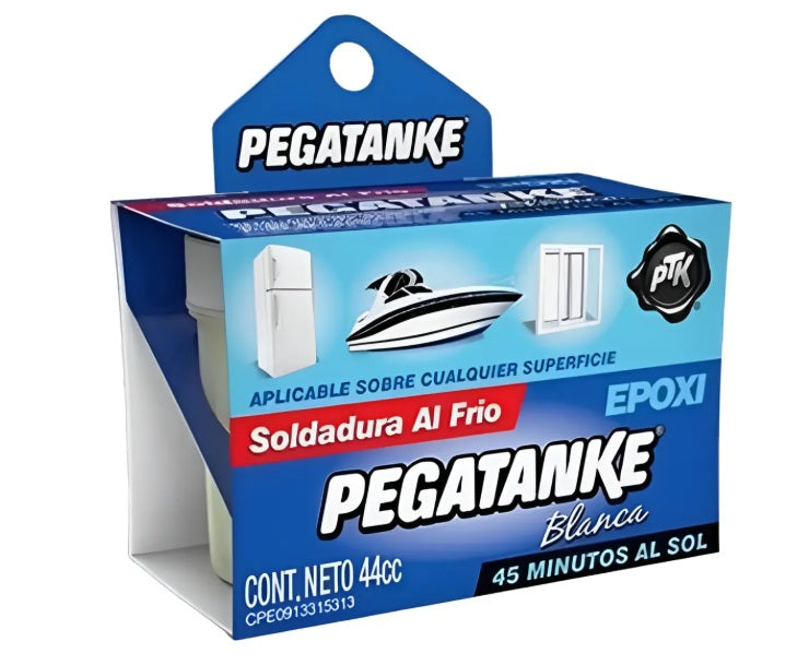 "Caja de Pegatanke Blanco (Epoxi) mostrando aplicaciones en refrigeradores, botes y ventanas. Soldadura al frío de 44cc con resistencia industrial, a la venta en Proyecto Madera Chile."