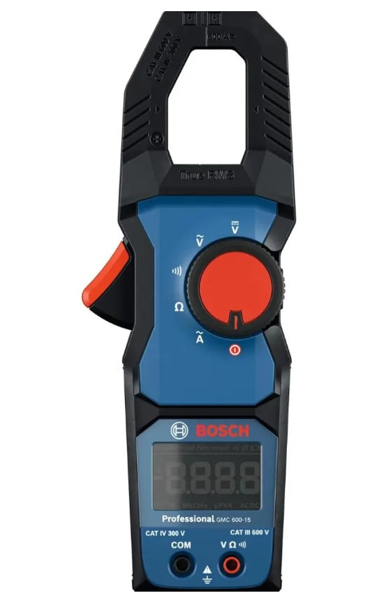 Pinza amperimetrica digital TRMS Bosch GMC 600-15 profesional vista de frente con pantalla encendida en 600.0 A. venta en proyecto madera chile