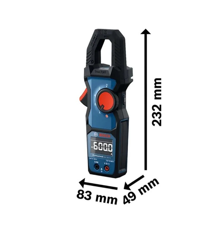 Dimensiones tecnicas de la pinza amperimetrica Bosch GMC 600-15: 232 mm de alto, 83 mm de ancho y 49 mm de profundidad. ventas en proyecto madera chile