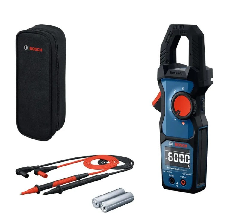 Pinza amperimétrica digital TRMS Bosch GMC 600-15 con estuche, cables de prueba y pilas. Lo nuevo de Bosch electricista en Proyecto Madera Chile.