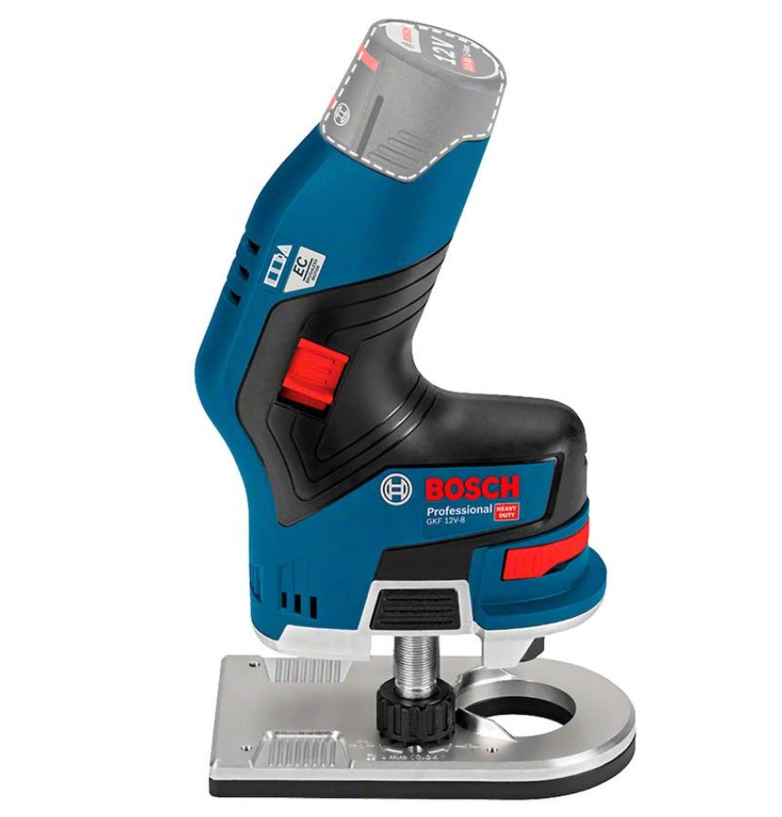 Vista lateral izquierda de la fresadora de cantos Bosch GKF 12V-8 con detalle del motor EC Brushless y el interruptor de encendido rojo sobre fondo blanco.