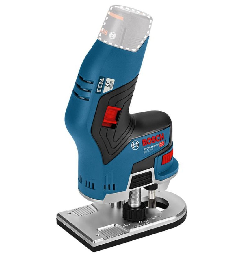 Vista lateral derecha de la fresadora inalámbrica Bosch GKF 12V-8 Professional mostrando el mecanismo de ajuste micrométrico de profundidad y la base de aluminio.