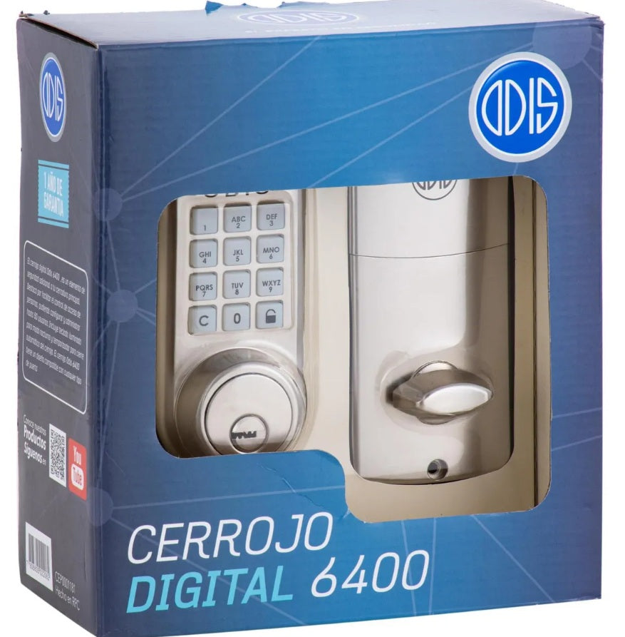 Caja de empaque original del cerrojo digital Odis 6400 con sello de garantía y ventana transparente que muestra el producto.