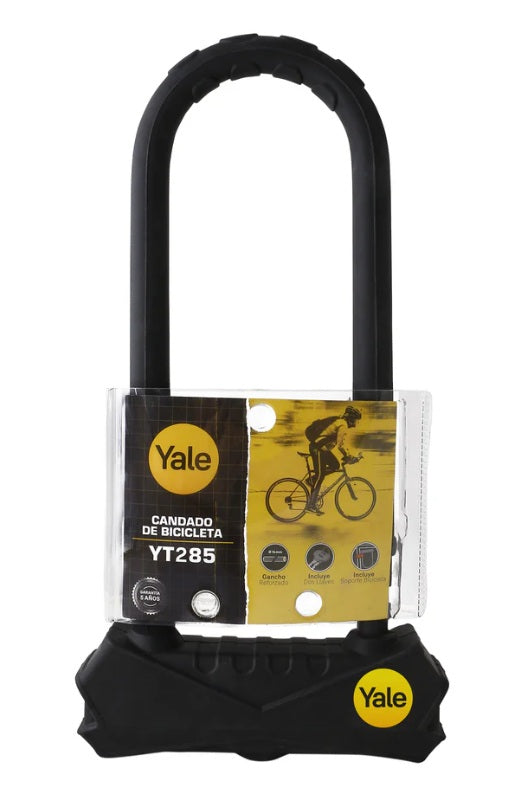 Candado Yale YT285 de alta seguridad tipo U-Lock para bicicleta en empaque original negro y amarillo con sello de garantia de 5 anos.