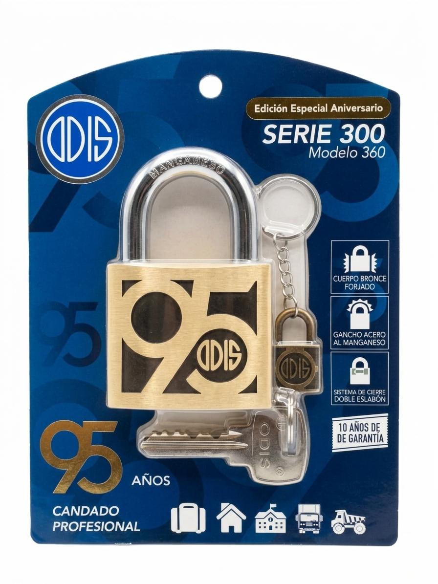 "Vista frontal de un candado Odis 360 de 60mm de bronce forjado en su empaque original de Proyecto Madera. El empaque azul muestra el logo de Odis y la inscripción 'Edición Especial Aniversario SERIE 300 Modelo 360'. El candado es de bronce macizo y viene con 4 llaves de seguridad."
