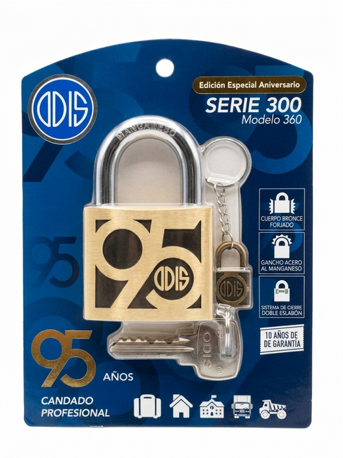 "Vista frontal de un candado Odis 360 de 60mm de bronce forjado en su empaque original de Proyecto Madera. El empaque azul muestra el logo de Odis y la inscripción 'Edición Especial Aniversario SERIE 300 Modelo 360'. El candado es de bronce macizo y viene con 4 llaves de seguridad."