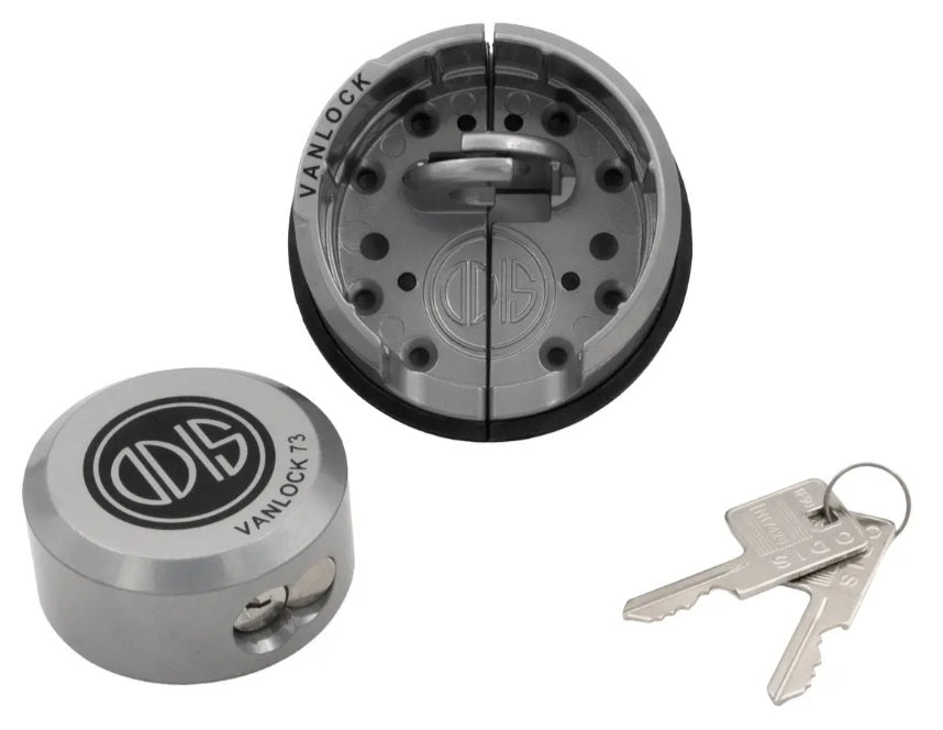 Kit de seguridad Odis Vanlock 73: candado abierto, base, cilindro de llave y 2 llaves de alta seguridad