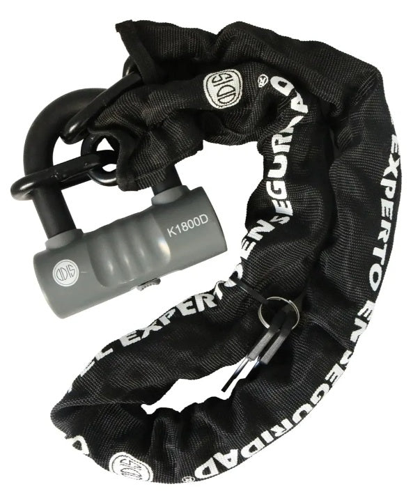 Candado U-Lock Odis K1800D compacto de alta seguridad con cadena de eslabones de 10mm revestida en tela negra con logo Odis, incluye llaves. Vista superior completa del kit antirrobo para bicicleta y moto distribuido por Proyecto Madera Chile.