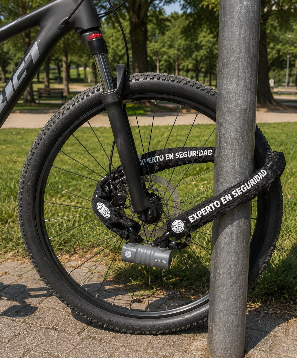 Candado U-Lock Odis K1800D gris de alta seguridad y cadena antirrobo de eslabones gruesos con funda textil negra fijando la rueda delantera de una bicicleta a un poste urbano. Fotografía de uso en exterior distribuida por Proyecto Madera Chile.