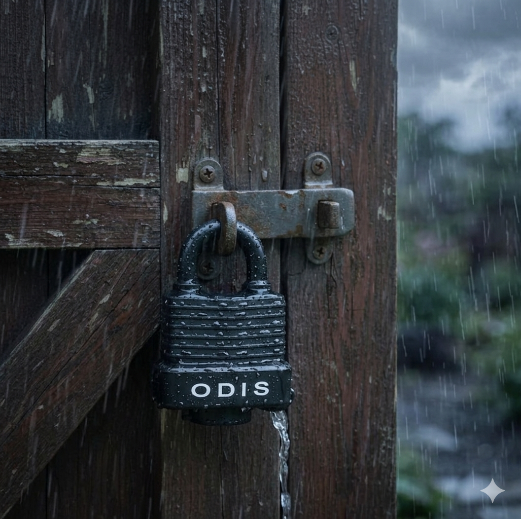 Candado Odis Waterproof instalado en un portón de madera rústica durante un día de lluvia intensa. Las gotas de agua sobre el cuerpo negro resaltan su capacidad impermeable y resistencia extrema a la intemperie en Proyecto madera chile.