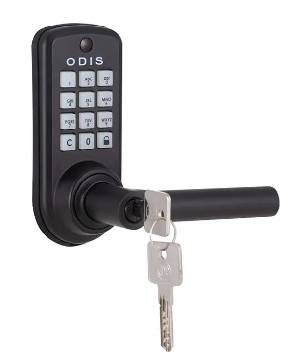 Cerradura digital Odis 6600 negra vista frontal con teclado numérico iluminado y manilla con cilindro para llave de emergencia