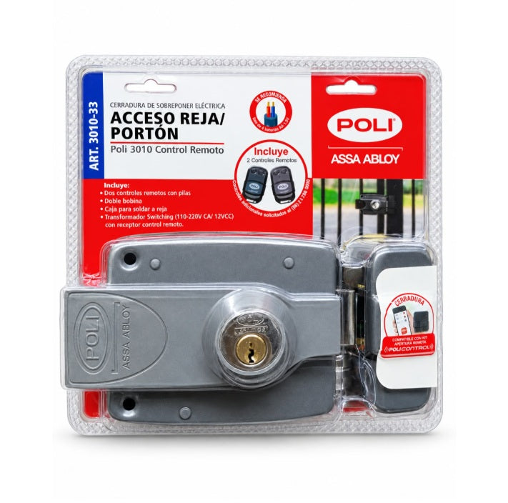 Empaque original de kit cerradura eléctrica de sobreponer Poli 3010-33 Assa Abloy con 2 controles remotos y transformador switching