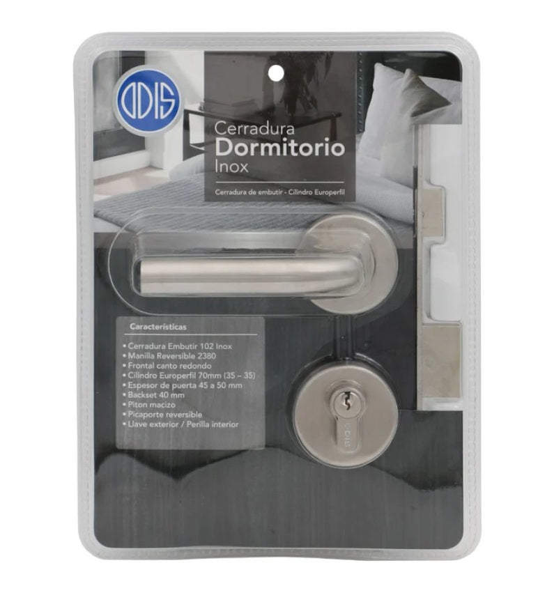 Empaque de cerradura de embutir Odis 102 para dormitorio con manilla reversible 2380 en acabado acero inoxidable gris y cilindro europerfil