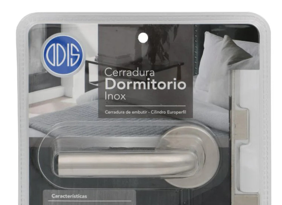 Empaque de cerradura de embutir Odis para dormitorio en acabado acero inoxidable con manilla 2380