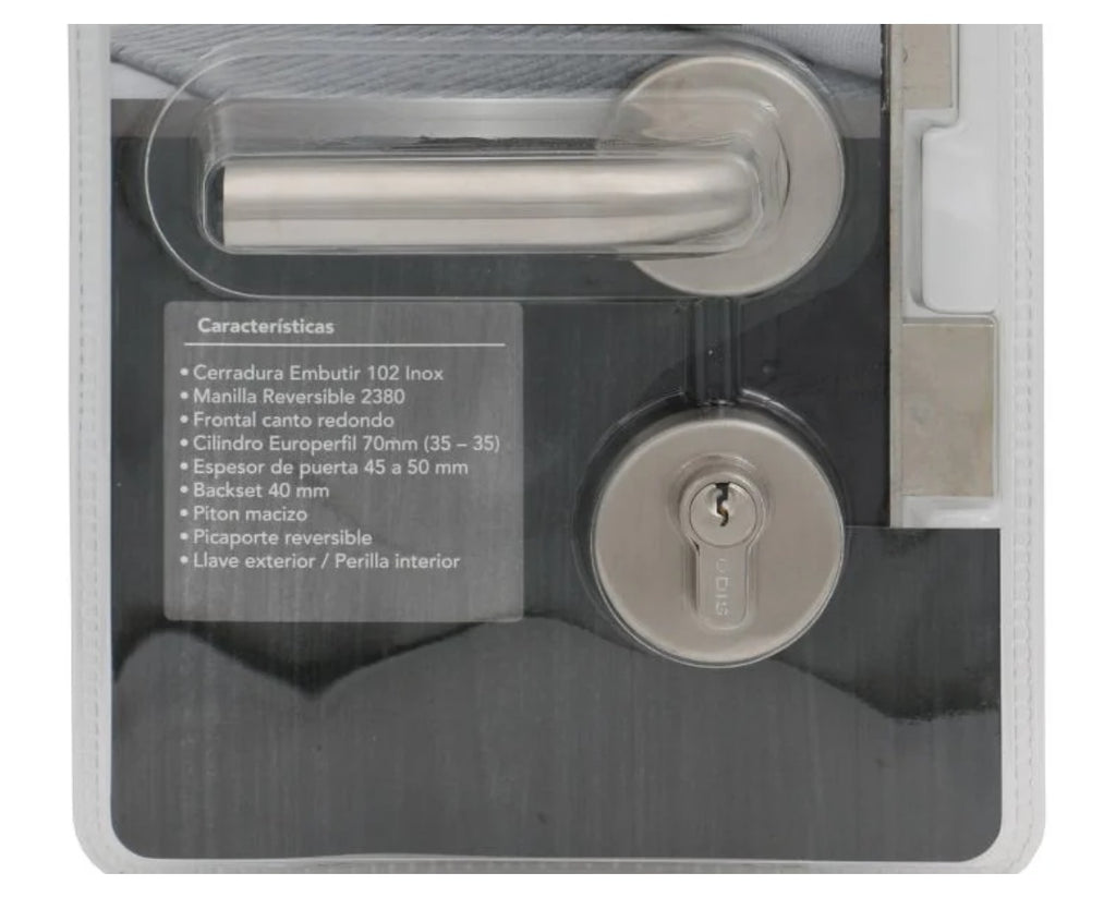 Detalle de características técnicas en empaque de cerradura de embutir Odis 102 con cilindro europerfil y manilla reversible 2380
