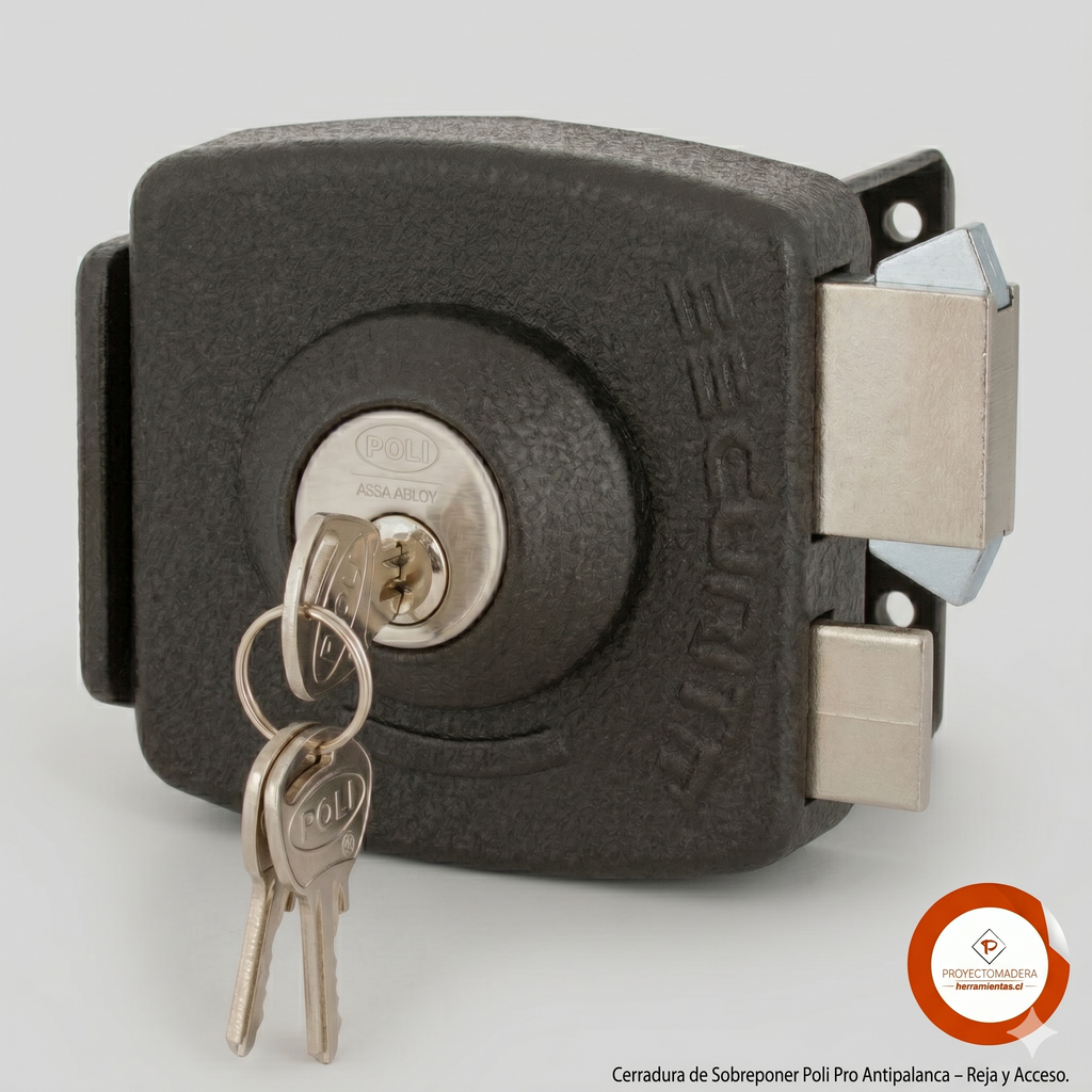Cerradura de sobreponer Poli Pro antipalanca negra para rejas y accesos con llaves originales.