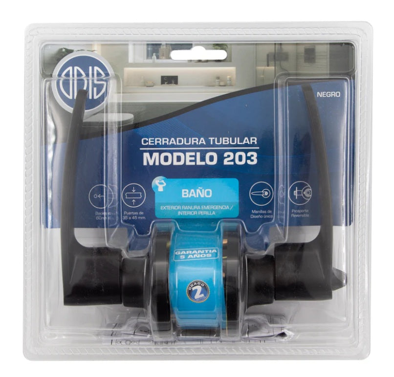 Cerradura tubular con manilla Odis 203 negra para baño en empaque blíster original con sello de garantía.