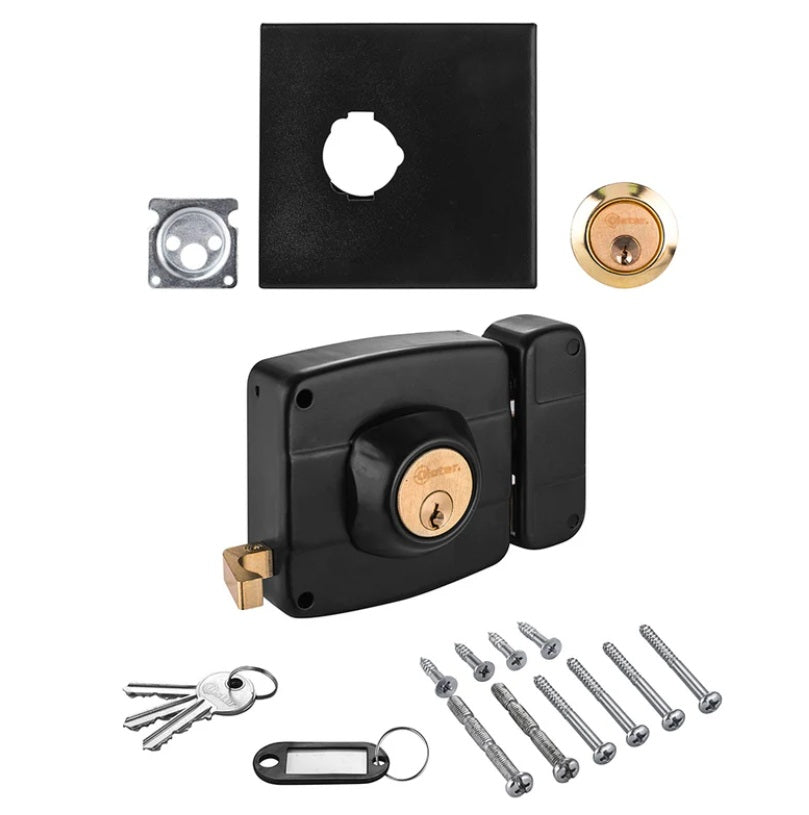 Cerradura Chapa Exterior Sobreponer Con Caja Oister 111 | Para Reja, Negra Cilindro 30mm