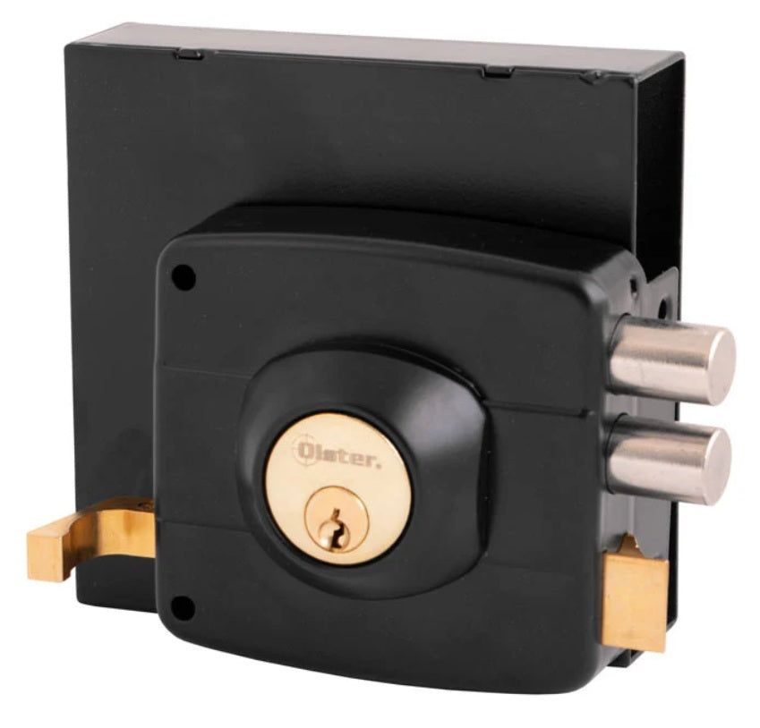 Cerradura Chapa Exterior Sobreponer Con Caja Oister 111 | Para Reja, Negra Cilindro 30mm