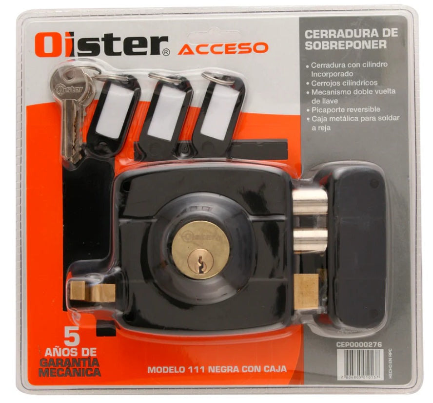 Cerradura Chapa Exterior Sobreponer Con Caja Oister 111 | Para Reja, Negra Cilindro 30mm