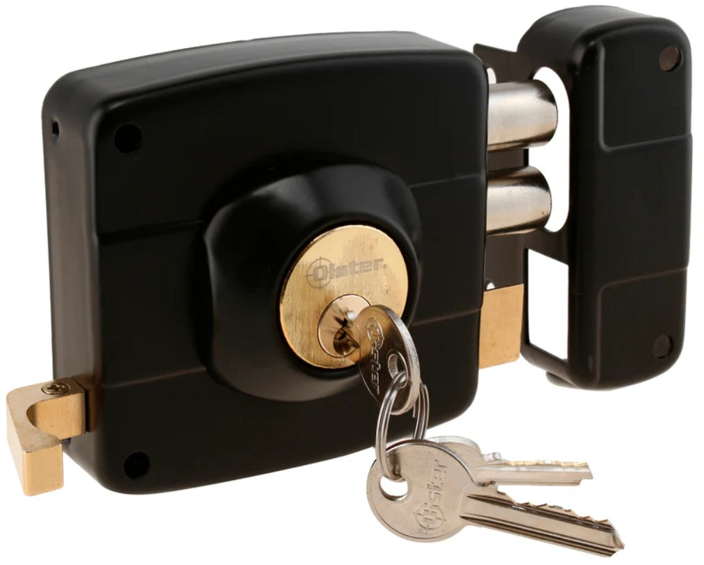 Cerradura Chapa Exterior Sobreponer Con Caja Oister 111 | Para Reja, Negra Cilindro 30mm