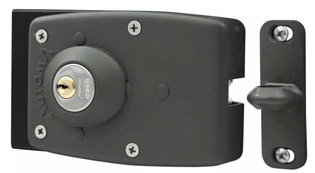 Cerradura de sobreponer Poli Automa 3100 gris con llave de seguridad introducida en el cilindro y recibidor metálico