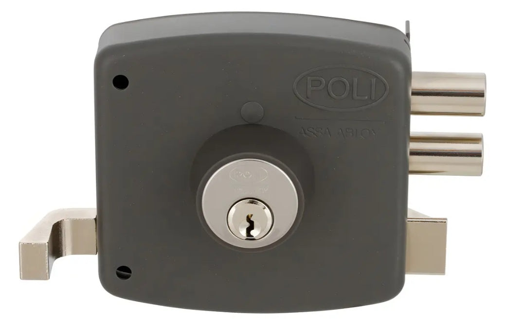 "Cerradura Poli 2010 Assa Abloy con cilindro reforzado y acabado gris perla profesional"