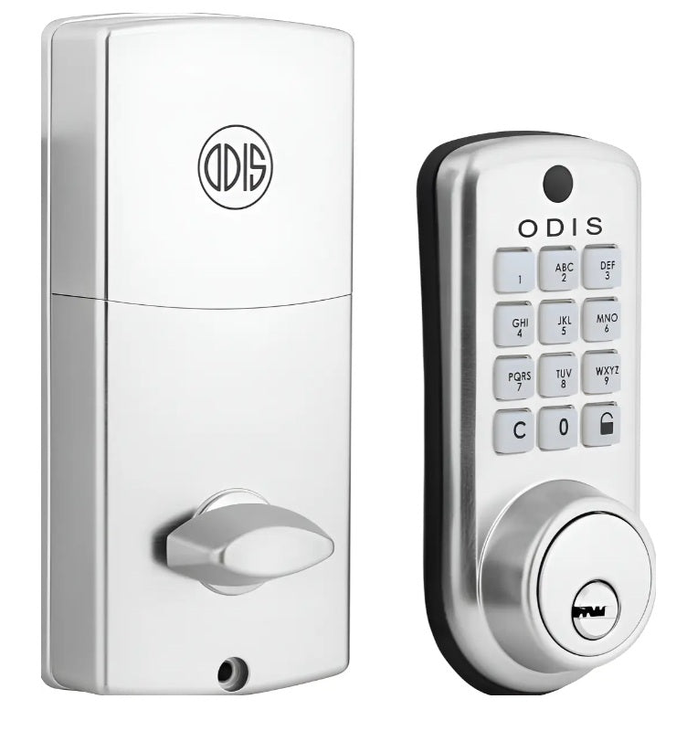 Cerrojo digital Odis 6400 en acabado níquel satín mostrando el teclado numérico exterior con cilindro de llave y el cuerpo interior con perilla de seguridad.