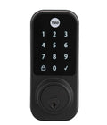 "Vista frontal del cerrojo digital Yale YDD120 en acabado negro mate con teclado táctil iluminado y cilindro para llave física de respaldo."