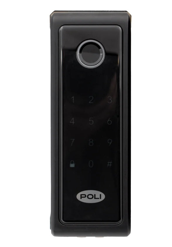Teclado digital touch exterior de cerrojo Poli Smart 200 con lector de huella dactilar superior y logotipo Poli en acabado negro.