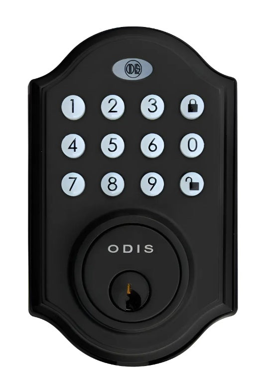 Teclado digital exterior de estilo colonial color negro del cerrojo Odis 5400, con botones numéricos iluminados y cilindro para llave.