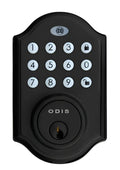 Teclado digital exterior de estilo colonial color negro del cerrojo Odis 5400, con botones numéricos iluminados y cilindro para llave.