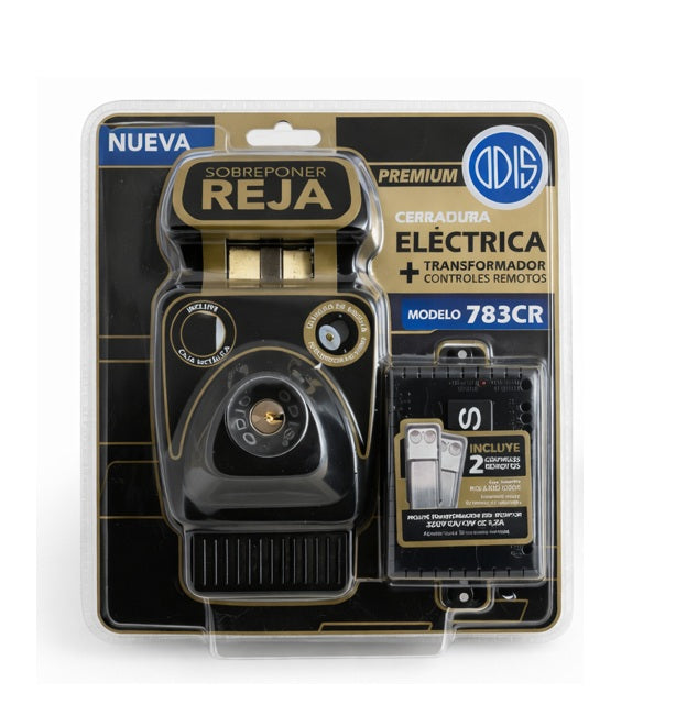 "Empaque del kit de chapa eléctrica Odis modelo 783CR para reja, con transformador receptor y 2 controles remotos incluidos."