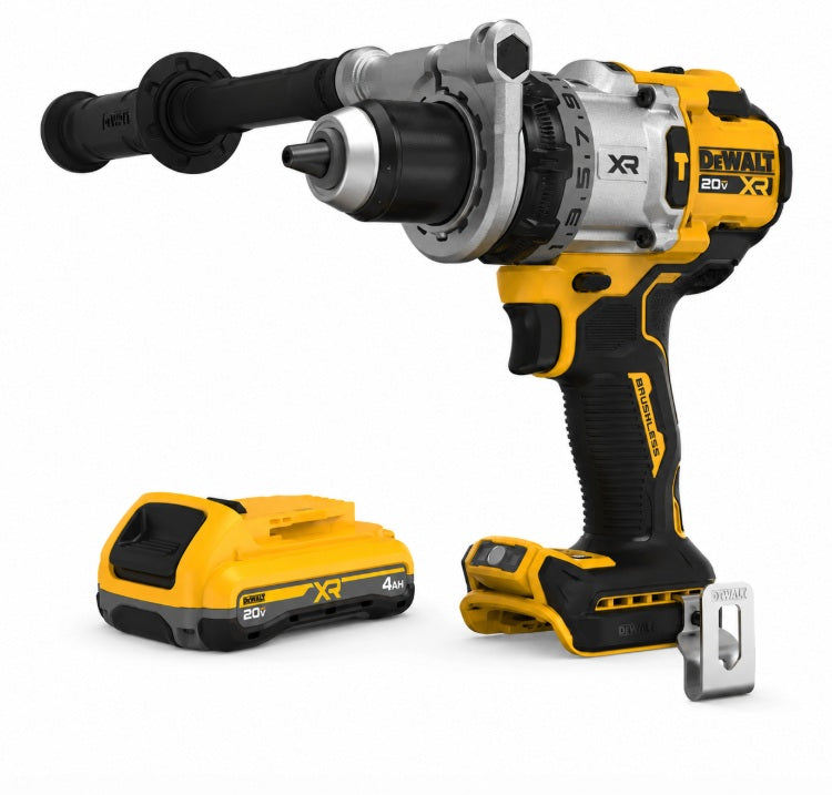 Kit taladro percutor DeWalt DCD1007 con bateria PowerStack 4Ah y mango lateral industrial