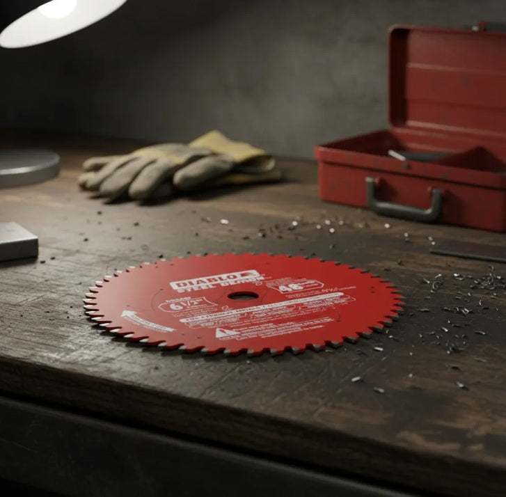 Disco de corte Diablo Steel Demon para metales apoyado sobre un banco de trabajo, rodeado de herramientas, llaves y virutas de acero.