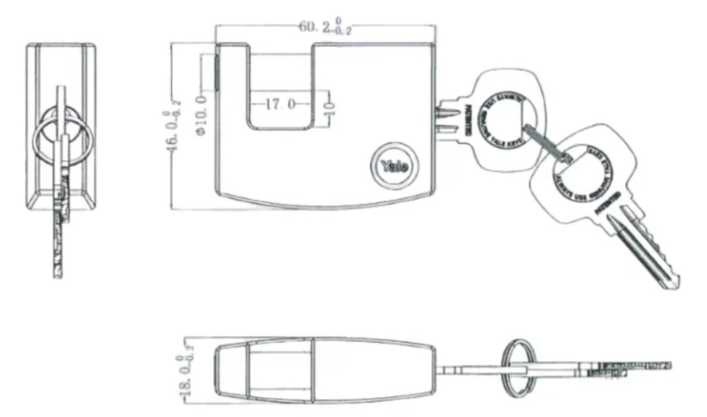 Dibujo técnico con medidas detalladas del candado blindado tipo cortina Yale de 60mm, incluyendo cotas de ancho (60.2mm), altura (46mm), espesor (18mm), pasador de 10mm y espacio de perno de 17mm