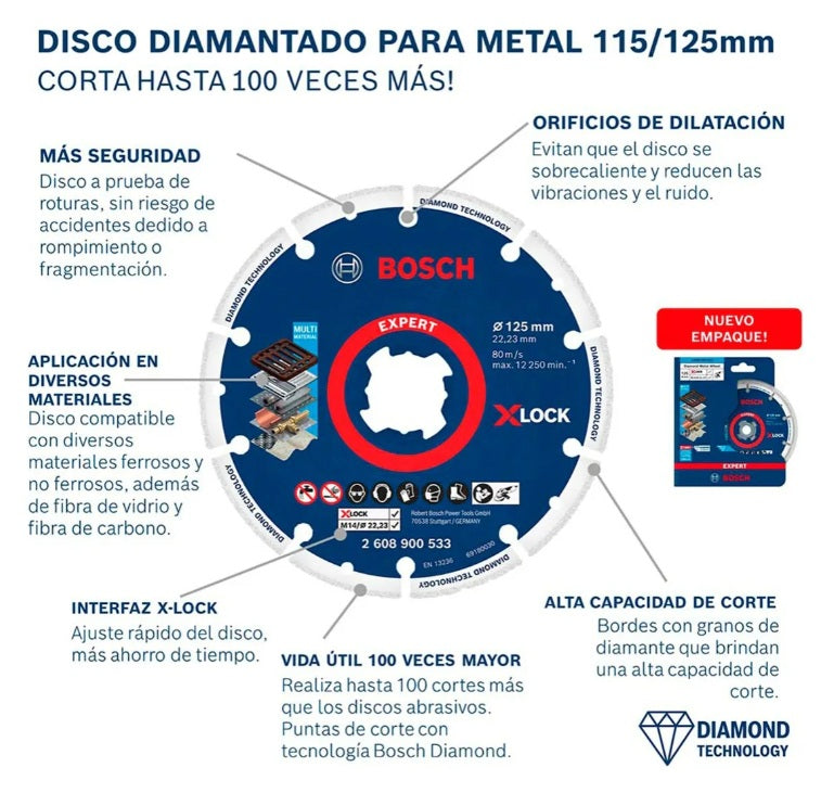 Disco Diamantado Bosch Expert Para Cortar Metales 115mm X‑LOCK