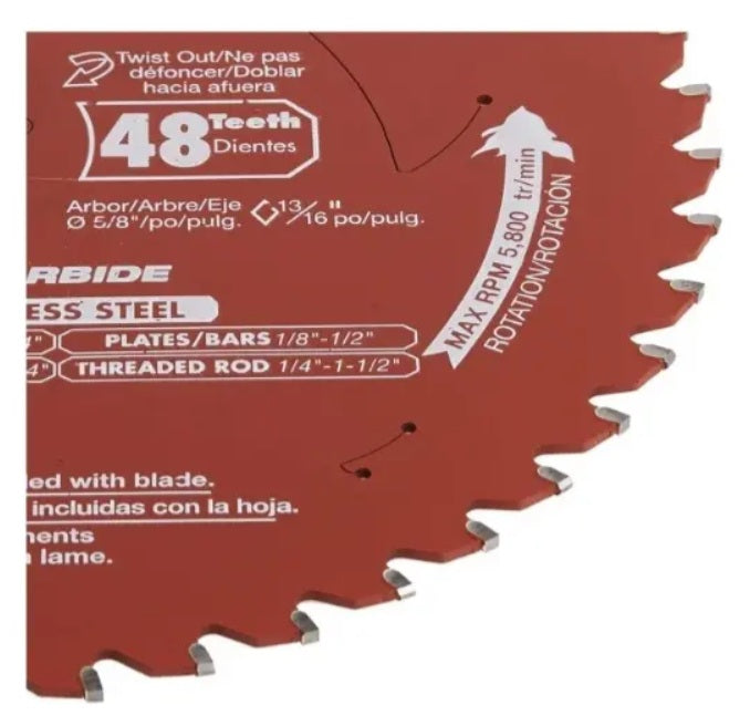 Primer plano de los bordes y dientes de Cermet del disco Diablo Steel Demon, mostrando detalles técnicos como el diámetro del eje y las RPM máximas.