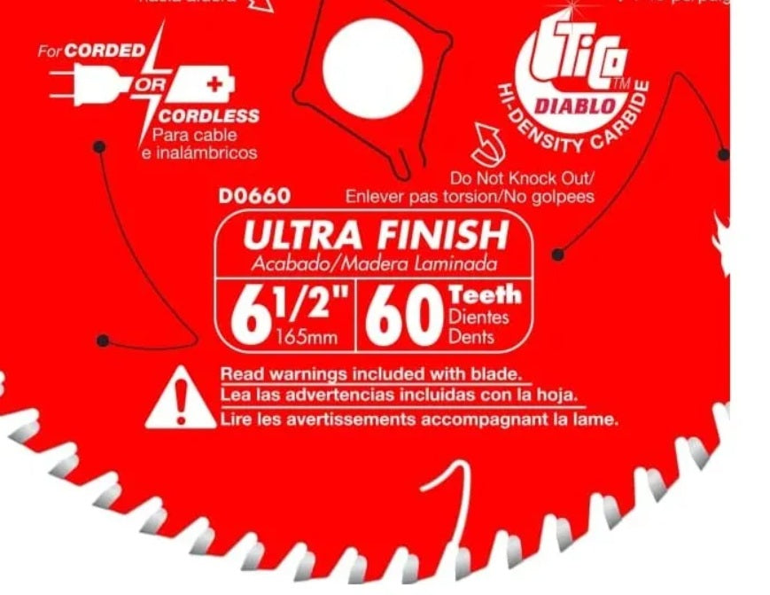 Vista completa de las instrucciones de uso del disco de corte Diablo Ultra Finish de 6-1/2 pulgadas y 60 dientes de carburo para terminaciones perfectas en madera y melamina.