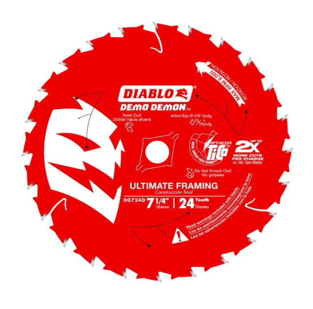 Disco de sierra circular rojo Diablo Demo Demon D0724DA 7-1/4 pulgadas 24 dientes vista frontal.