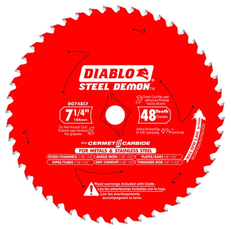 Vista frontal completa del disco de sierra circular Diablo Steel Demon rojo de 7-1/4 pulgadas y 48 dientes, especial para metales y acero inoxidable